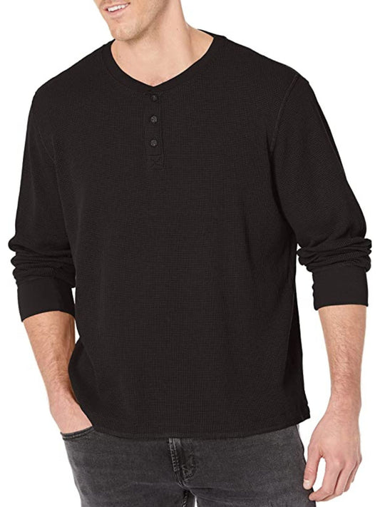 Men's Waffle Themal Henley Shirt - Black